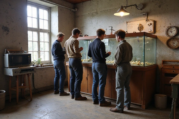 A historical photo of the first AquaWorld USA team setting up an aquarium.