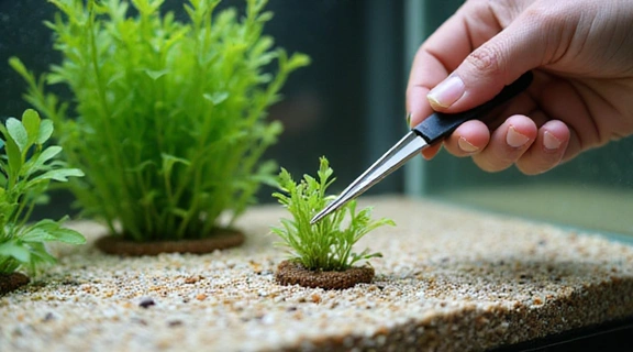 A hand carefully placing a small aquatic plant into the substrate of an aquarium with tweezers.