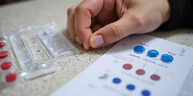 A person's hand holding a water testing kit with several vials and color charts, indicating water quality testing.