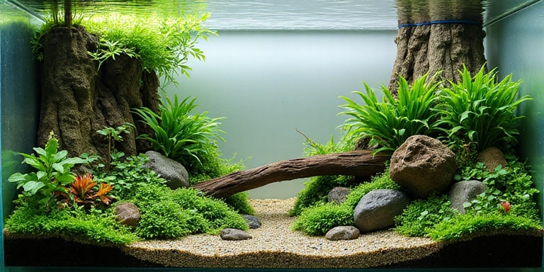 A beautifully aquascaped planted aquarium with various types of green and red aquatic plants, driftwood, and rocks, creating a natural underwater landscape.