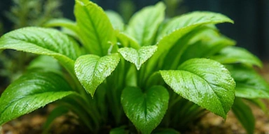 A close-up of a healthy, green aquatic plant with water droplets on its leaves in an aquarium.