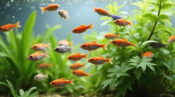 A school of colorful small fish swimming together in a clear aquarium, demonstrating peaceful community fish.