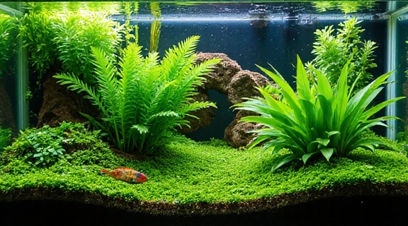 A vibrant freshwater planted aquarium with lush green plants and colorful small fish swimming gracefully.