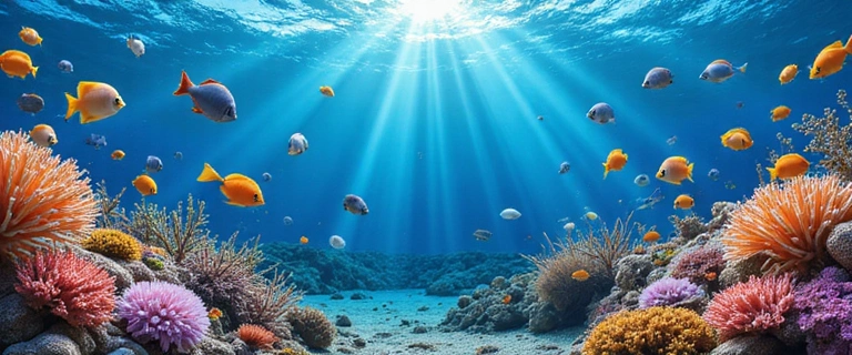 A collage of social media logos (Facebook, Instagram, YouTube) with a vibrant, underwater background, inviting users to connect.
