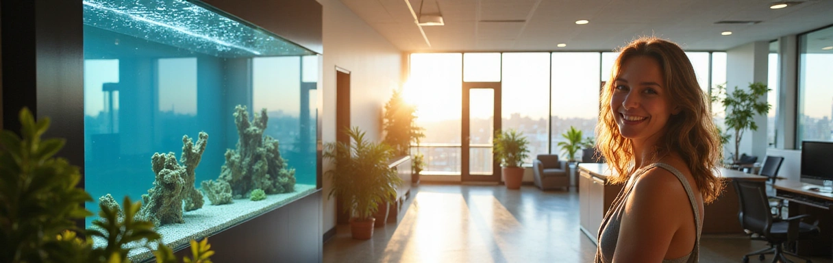 A friendly office space with an aquarium, inviting people to connect with AquaWorld USA.