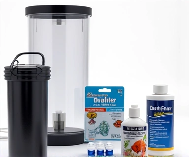 A selection of premium aquarium supplies, including high-quality filters, LED lights, and fish food, neatly arranged.