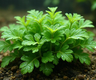 A close-up of a healthy, vibrant aquatic plant in an aquarium, with water droplets visible on its leaves, symbolizing growth and knowledge.