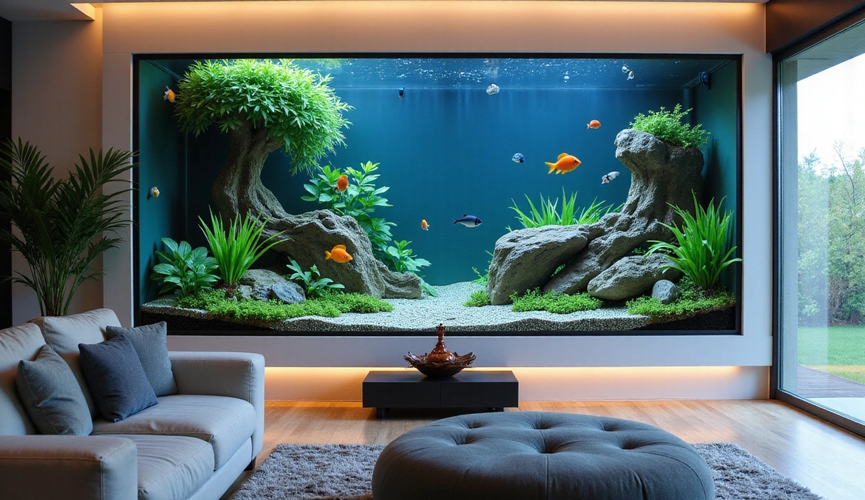 A beautifully designed modern aquarium with exotic fish and lush plants, featuring clean lines and integrated into a home interior.