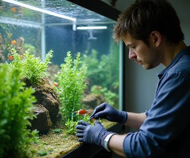 A skilled aquarist meticulously cleaning and maintaining a large, thriving aquarium, surrounded by specialized tools.
