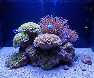 A vibrant saltwater reef aquarium showcasing diverse corals and marine fish, bathed in blue light.
