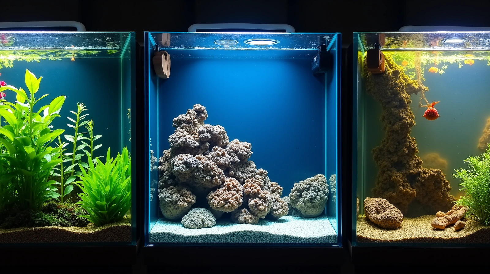 Diverse aquariums showcasing freshwater, saltwater, and brackish setups